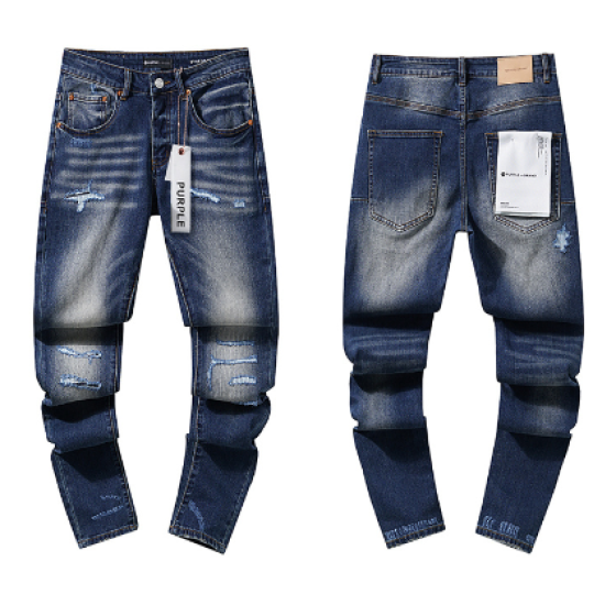Dark Blue Washed Slim Denim Jeans with Multi-Rip Distressing